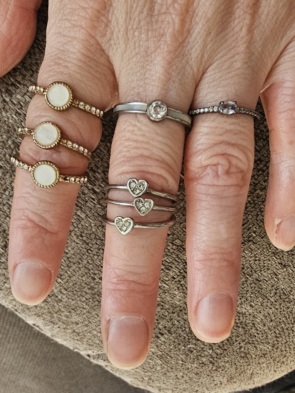 Clearance Sale! Stackable Gold and Silver Heart & Mother-of-Pearl Rings Set